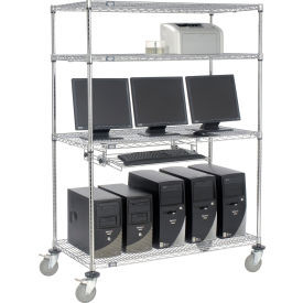 Nexel 4-Shelf Mobile Wire Computer LAN Workstation w/Keyboard Tray, 48"W x 24"D x 69"H, Chrome