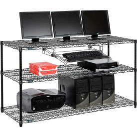 Nexel 3-Shelf Wire Computer LAN Workstation with Keyboard Tray, 60"W x 24"D x 34"H, Black