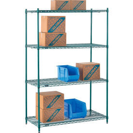 Nexel 4 Shelf, Poly-Green Wire Shelving Unit, Starter, 48"W x 21"D x 74"H