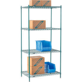 Nexel 4 Shelf, Poly-Green Wire Shelving Unit, Starter, 36"W x 21"D x 74"H