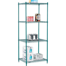 Nexel 4 Shelf, Poly-Green Wire Shelving Unit, Starter, 30"W x 21"D x 74"H
