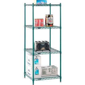 Nexel 4 Shelf, Poly-Green Wire Shelving Unit, Starter, 24"W x 21"D x 63"H