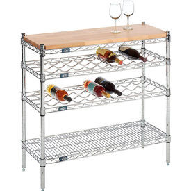 Nexel Chrome Wine Display Unit - Wood Top - 48"W x 14"D x 34"H - 4 Tier