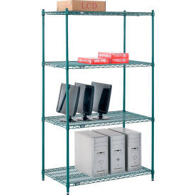 Nexel 4 Shelf, Poly-Green Wire Shelving Unit, Starter, 42"W x 21"D x 74"H