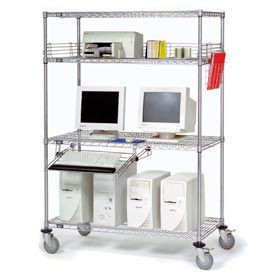Nexel 4-Shelf Mobile Wire Computer LAN Workstation w/Keyboard Tray, 72"W x 24"D x 69"H, Chrome