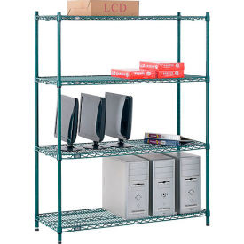 Nexel 4 Shelf, Poly-Green Wire Shelving Unit, Starter, 48"W x 12"D x 54"H