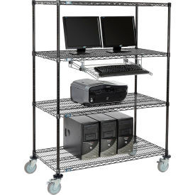 Nexel 4-Shelf Mobile Wire Computer LAN Workstation w/ Keyboard Tray, 48"W x 24"D x 69"H, Black