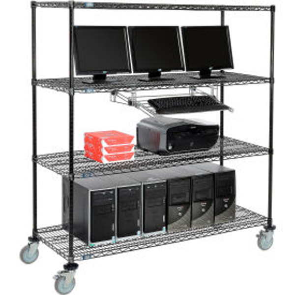 Nexel 4-Shelf Mobile Wire Computer LAN Workstation w/ Keyboard Tray, 60"W x 24"D x 69"H, Black