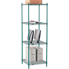 Nexel 4 Shelf, Poly-Green Wire Shelving Unit, Starter, 24"W x 24"D x 74"H