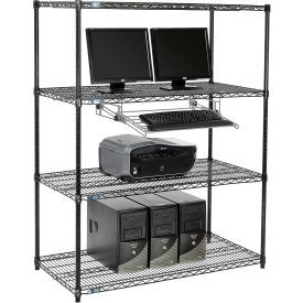 Nexel 4-Shelf Wire Computer LAN Workstation with Keyboard Tray, 48"W x 24"D x 63"H, Black