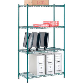Nexel 4 Shelf, Poly-Green Wire Shelving Unit, Starter, 36"W x 18"D x 63"H