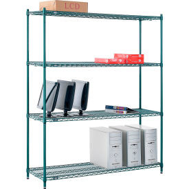 Nexel 4 Shelf, Poly-Green Wire Shelving Unit, Starter, 60"W x 14"D x 74"H