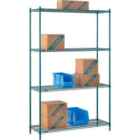 Nexel 4 Shelf, Poly-Green Wire Shelving Unit, Starter, 54"W x 14"D x 86"H