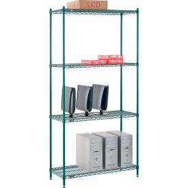Nexel 4 Shelf, Poly-Green Wire Shelving Unit, Starter, 42"W x 14"D x 86"H