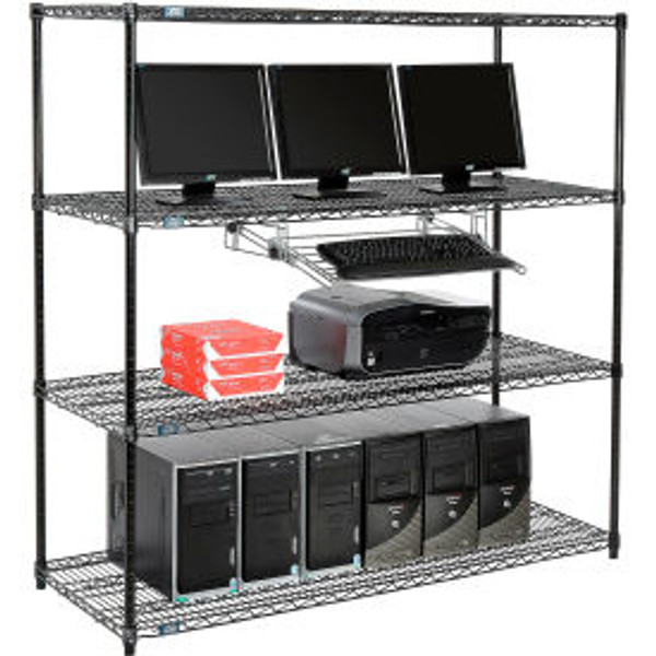 Nexel 4-Shelf Wire Computer LAN Workstation with Keyboard Tray, 60"W x 24"D x 63"H, Black