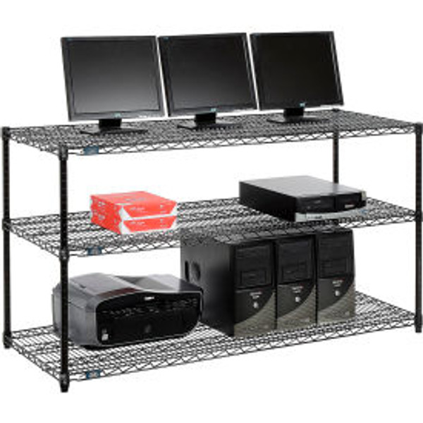 Nexel 3-Shelf Wire Computer LAN Workstation, 60"W x 24"D x 34"H, Black