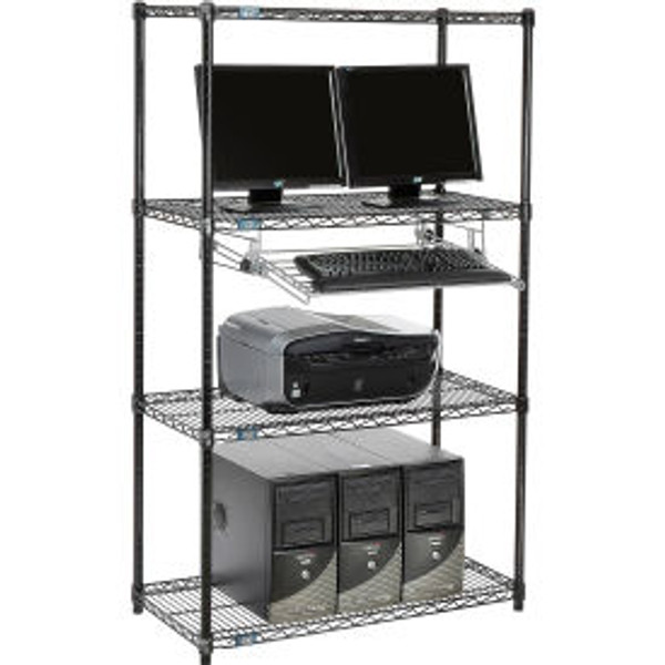 Nexel 4-Shelf Wire Computer LAN Workstation with Keyboard Tray, 36"W x 18"D x 63"H, Black