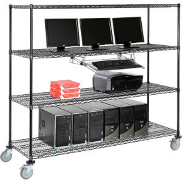 Nexel 4-Shelf Mobile Wire Computer LAN Workstation w/ Keyboard Tray, 72"W x 24"D x 69"H, Black