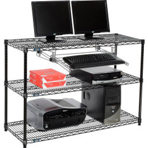 Nexel 3-Shelf Wire Computer LAN Workstation with Keyboard Tray, 48"W x 18"D x 34"H, Black