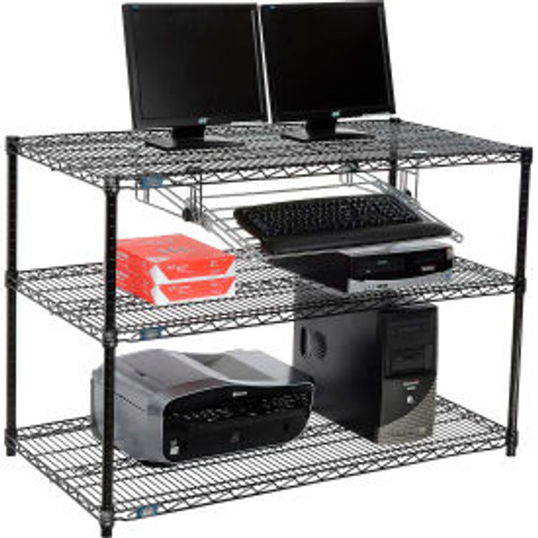 Nexel 3-Shelf Wire Computer LAN Workstation with Keyboard Tray, 48"W x 24"D x 34"H, Black