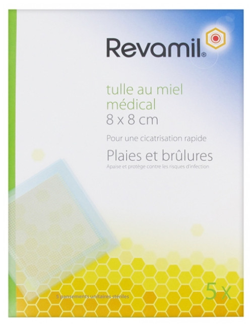 Revamil Tulle with Medical Honey 5 Sterile Unit Plasters 8 x 8cm - Size: 8 x 8cm