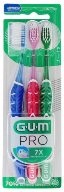 GUM PRO Toothbrush Medium Trio Pack - Colour: Blue - Pink - Green GUM PRO Toothbrush Medium Trio Pack - Colour: Blue - Pink - Green