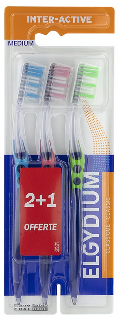 Elgydium Inter-Active Medium Toothbrush 2 Toothbrushes + 1 Free
