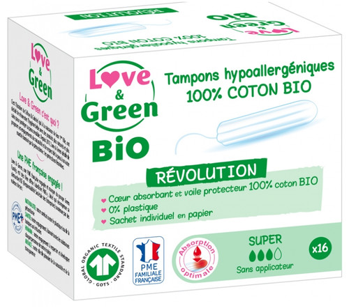 Love & Green Hypoallergenic Tampons 100% Organic Cotton 16 Super Tampons Without Applicator Love & Green Hypoallergenic Tampons 100% Organic Cotton 16 Super Tampons Without Applicator