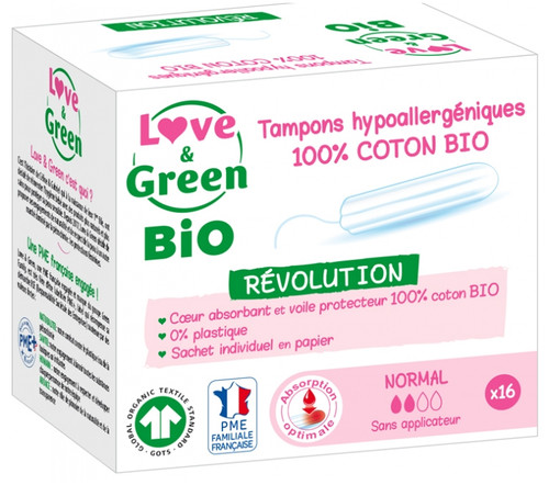 Love & Green Hypoallergenic 100% Organic Cotton Tampons 16 Regular Tampons Without Applicator Love & Green Hypoallergenic 100% Organic Cotton Tampons 16 Regular Tampons Without Applicator