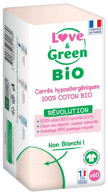 Love & Green Hypoallergenic Squares 100% Organic Cotton 60 Cottons Love & Green Hypoallergenic Squares 100% Organic Cotton 60 Cottons