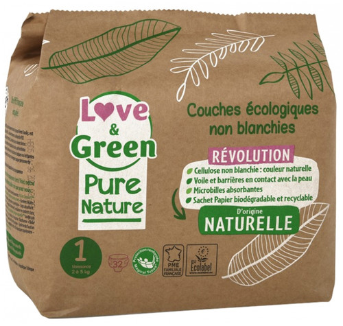 Love & Green Organic Diapers Pure Nature 32 Diapers Size 1 Birth (2 to 5Kg) Love & Green Organic Diapers Pure Nature 32 Diapers Size 1 Birth (2 to 5Kg)