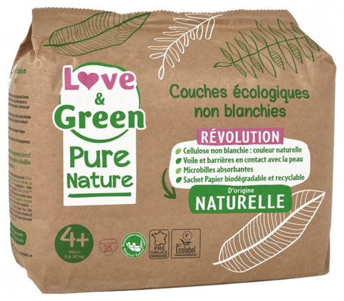 Love & Green Ecological Diapers Pure Nature 35 Diapers Size 4+ Maxi (9 to 20kg) Love & Green Ecological Diapers Pure Nature 35 Diapers Size 4+ Maxi (9 to 20kg)
