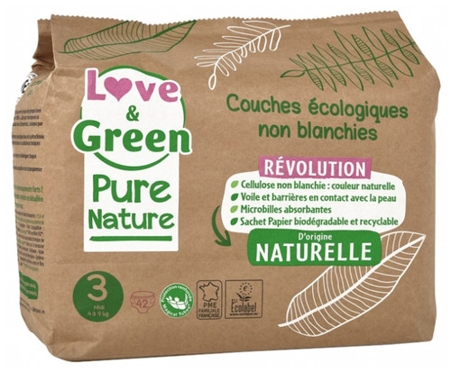 Love & Green Organic Diapers Pure Nature 42 Diapers Size 3 Midi (4 to 9kg) Love & Green Organic Diapers Pure Nature 42 Diapers Size 3 Midi (4 to 9kg)