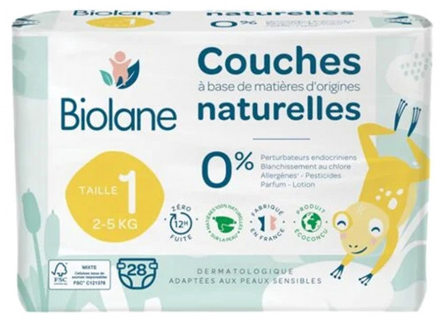 Biolane Natural Diapers 28 Diapers Size 1 (2-5 Kg) Biolane Natural Diapers 28 Diapers Size 1 (2-5 Kg)