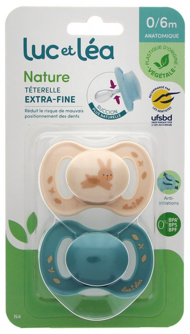 Luc et Léa Nature 2 Anatomical Soothers Extra-Thin Nipples 0-6 Months - Model: Beige Rabbit and Blue