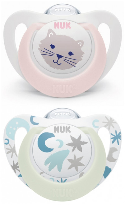 NUK Starlight Day & Night 2 Silicone Soothers 0-6 Months - Model: Cat/Night NUK Starlight Day & Night 2 Silicone Soothers 0-6 Months - Model: Cat/Night