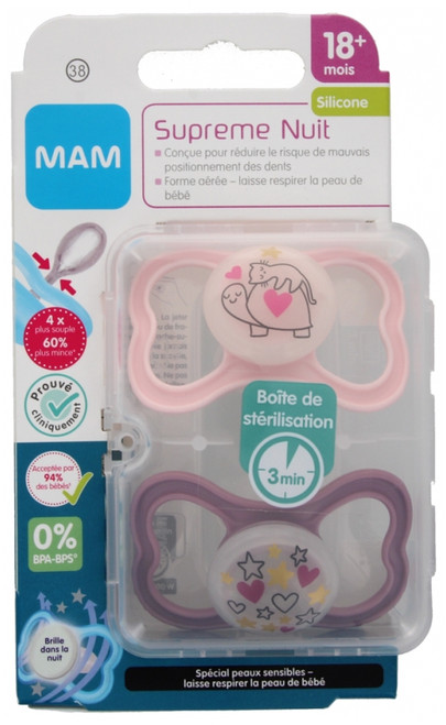MAM Supreme Night 2 Silicone Soothers 18 Months and + - Model: Turtle and Stars/Hearts