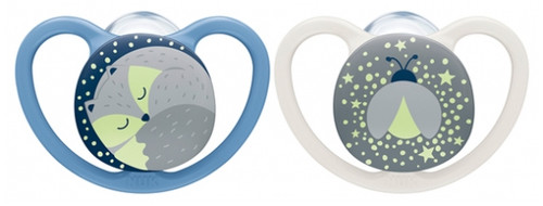 NUK Space Night 2 Silicone Soothers 6-18 Months - Colour: Blue/Grey 1 NUK Space Night 2 Silicone Soothers 6-18 Months - Colour: Blue/Grey 1
