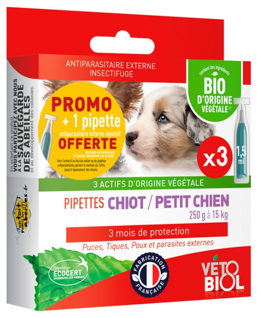 Vétobiol Pipettes Puppy Small Dog 250g to 15kg Organic 3 Pipettes Vétobiol Pipettes Puppy Small Dog 250g to 15kg Organic 3 Pipettes