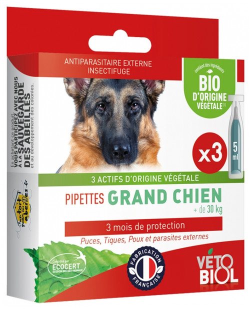 Vétobiol Pipettes Large Dog 30kg+ Organic 3 Pipettes Vétobiol Pipettes Large Dog 30kg+ Organic 3 Pipettes