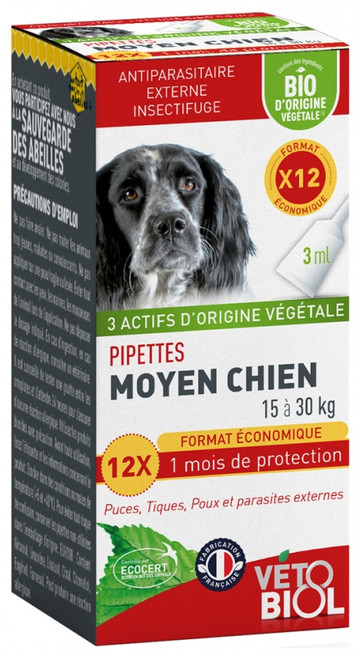Vétobiol Pipettes Medium Dog 15 to 30kg Organic 12 Pipettes Vétobiol Pipettes Medium Dog 15 to 30kg Organic 12 Pipettes