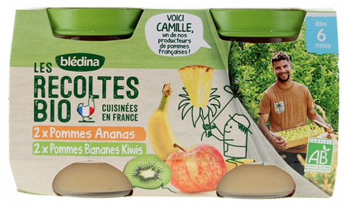 Blédina Les Récoltes Organic Apple Pineapple + Apple Banana Kiwi From 6 Months Organic 4 Jars