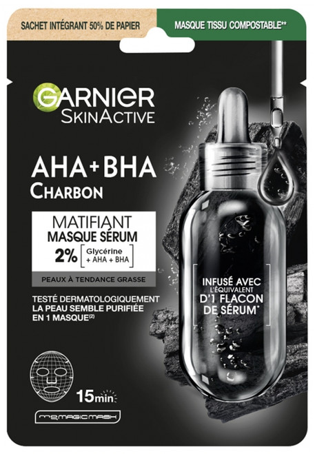 Garnier SkinActive AHA + BHA Charbon Tissue Mask Mattifying Serum 28 ml