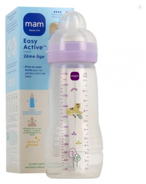 MAM Easy Active Feeding Bottle 2nd Age 330 ml 6 Months and + Very Fast Flow - Colour: Mauve MAM Easy Active Feeding Bottle 2nd Age 330 ml 6 Months and + Very Fast Flow - Colour: Mauve