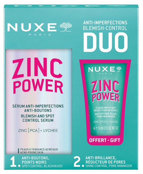 Nuxe Zinc Power Sérum Anti-Imperfections Anti-Boutons 30 ml + Fluide Matifiant Réducteur de Pores 15 ml Offert Nuxe Zinc Power Sérum Anti-Imperfections Anti-Boutons 30 ml + Fluide Matifiant Réducteur de Pores 15 ml Offert