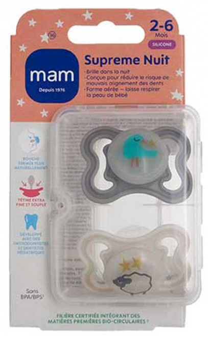 MAM 2 Soothers Supreme Night 2-6 Months - Model: Bird and Sheep