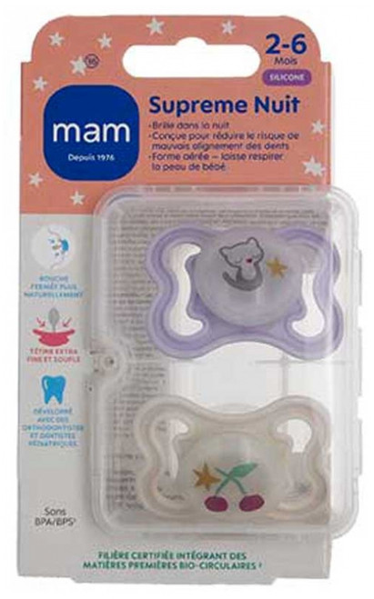MAM 2 Soothers Supreme Night 2-6 Months - Model: Cat and Cherries