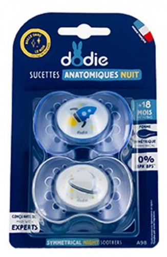 Dodie 2 Anatomical Night Pacifiers 18 Months and Up - Model: Rocket and Planet