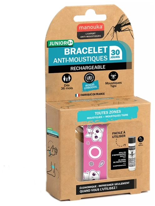 Manouka Junior Anti-Mosquito Bracelet + 6 ml Refill - Model: Cat