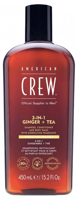 American Crew 3-En-1 GingerThé, Shampoo, Conditioner & Shower Gel for Hair and Body (450ml), Revitalizing and Moisturizing.